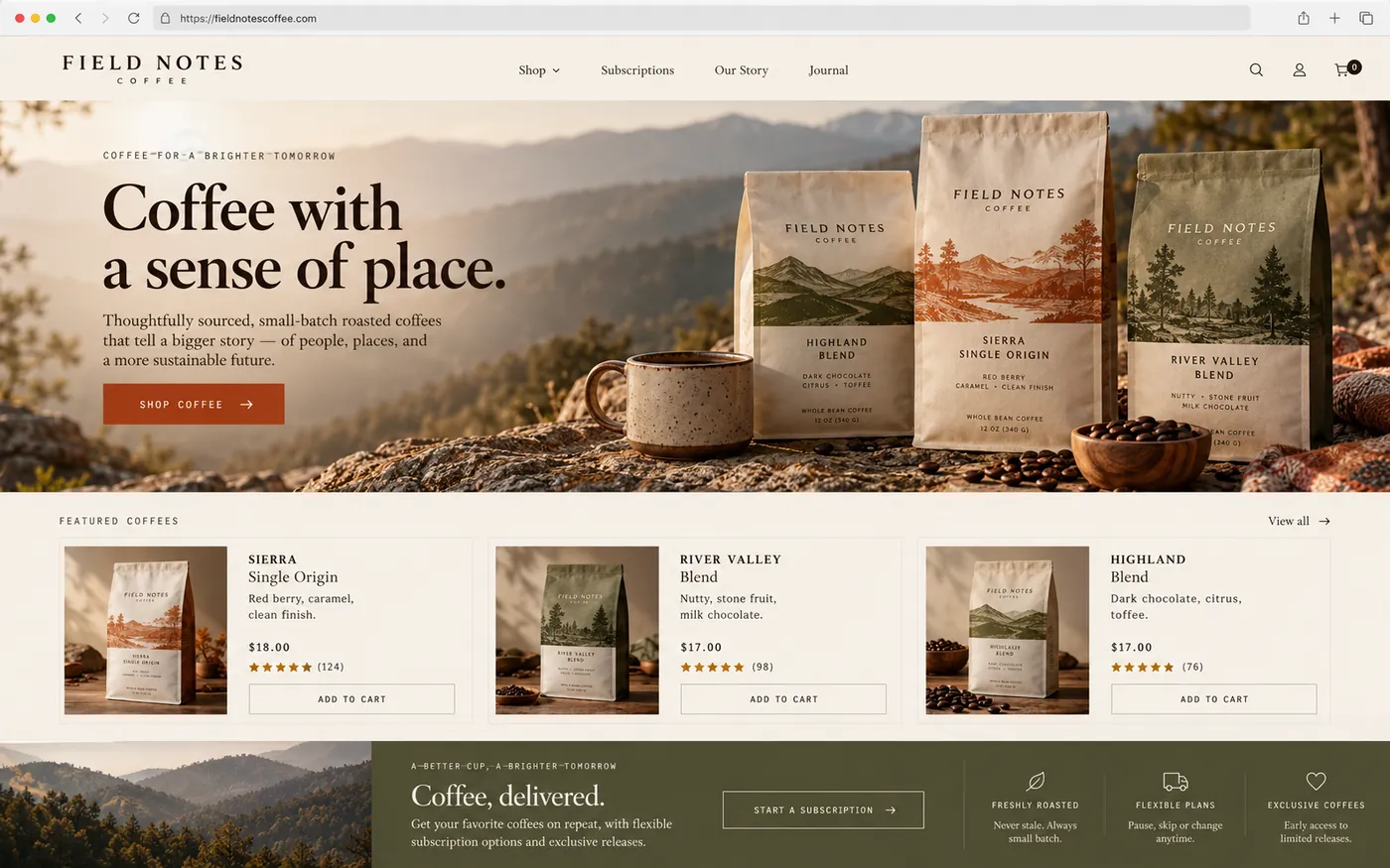 Concept homepage for an online coffee shop