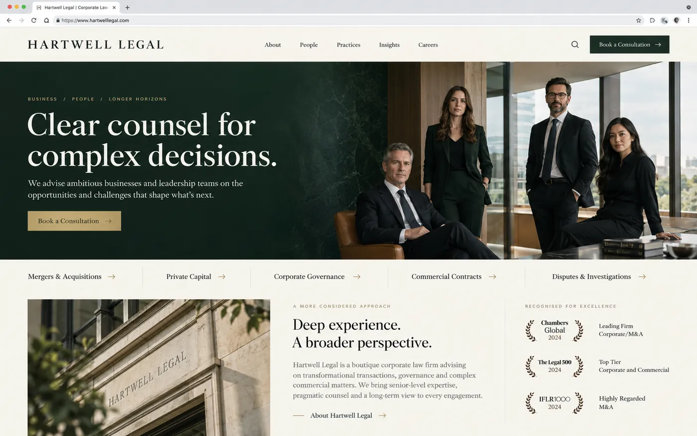 Concept homepage for a corporate law firm
