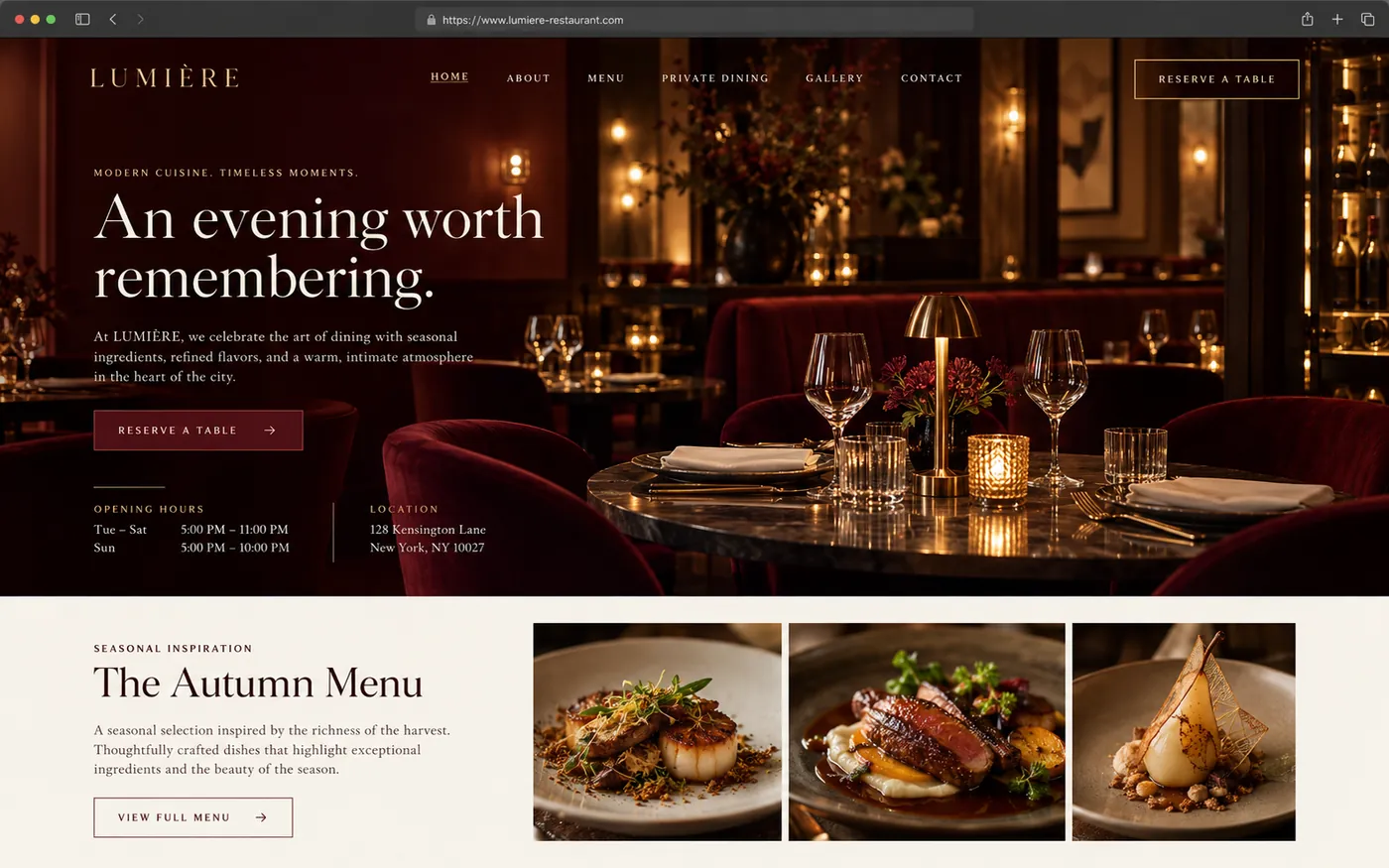 Concept homepage for a restaurant
